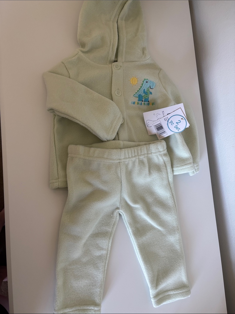 Baby Two-Piece Hooded Fleece Set with Dinosaur Embroidery - Light Green